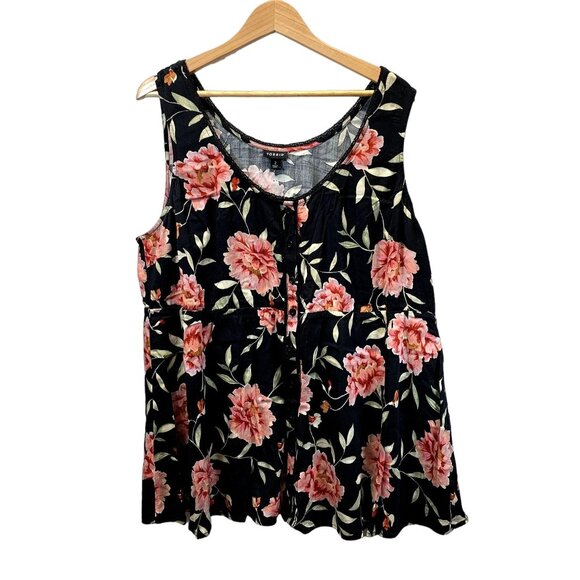 Torrid Tank Top Womens 2 2X 18-20 Black Floral Babydoll Stretch Challis Crochet - Picture 2 of 12